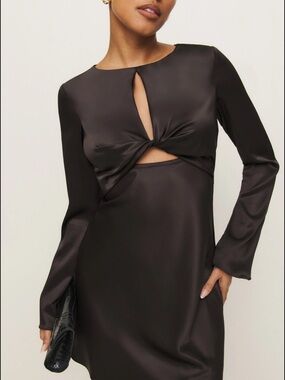 Reformation Black Satin Mini Dress with Twist Cutout
